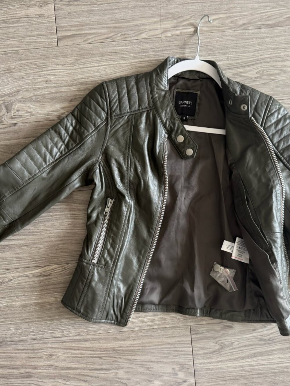 Barneys Originals Genuine Leather Biker Jacket – Olive Green
